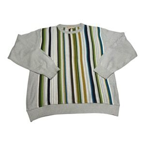 Vintage Norm Thompson Sweater Mens M Gray Colorful Striped 90s Textured Knit 3D‎